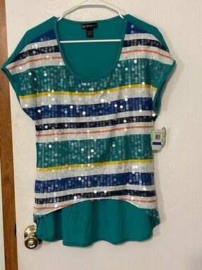 Self Esteem Striped Multicolor/Sequined Short Sleeve Top With High/Low Hem XL